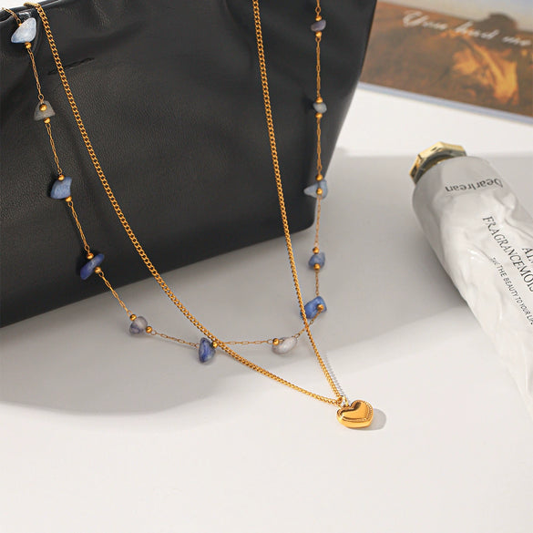Wholesale Women's Doublelayered Natural Stone And Stainless Steel Necklaces With Geometric Pendant Gold Plated
