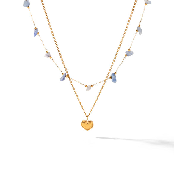 Wholesale Women's Doublelayered Natural Stone And Stainless Steel Necklaces With Geometric Pendant Gold Plated