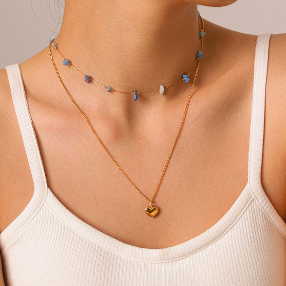 Wholesale Women's Doublelayered Natural Stone And Stainless Steel Necklaces With Geometric Pendant Gold Plated