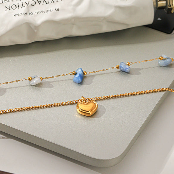 Wholesale Women's Doublelayered Natural Stone And Stainless Steel Necklaces With Geometric Pendant Gold Plated