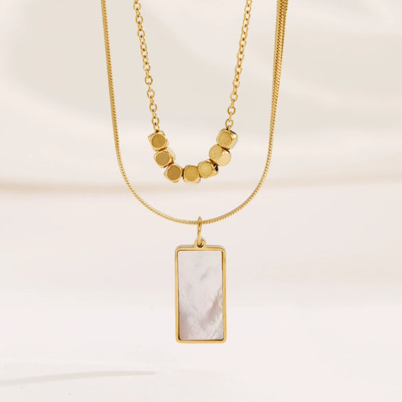 Wholesale Women's Doublelayered Rectangular White Shell Stainless Steel And Titanium Steel Necklace With Geometric Design And 18K Gold Electroplating