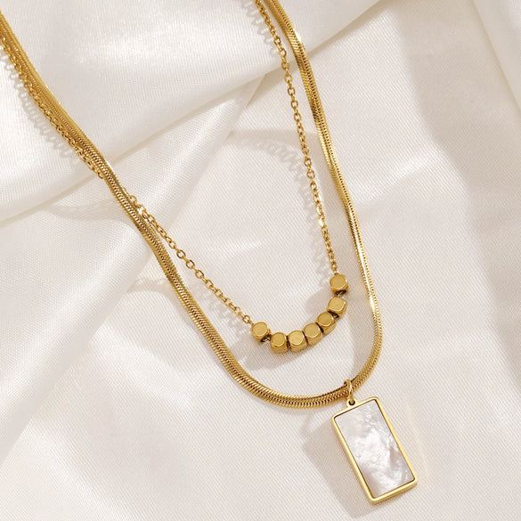 Wholesale Women's Doublelayered Rectangular White Shell Stainless Steel And Titanium Steel Necklace With Geometric Design And 18K Gold Electroplating