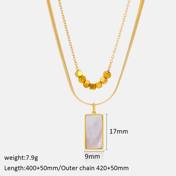 Wholesale Women's Doublelayered Rectangular White Shell Stainless Steel And Titanium Steel Necklace With Geometric Design And 18K Gold Electroplating