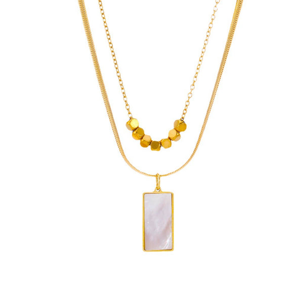 Wholesale Women's Doublelayered Rectangular White Shell Stainless Steel And Titanium Steel Necklace With Geometric Design And 18K Gold Electroplating
