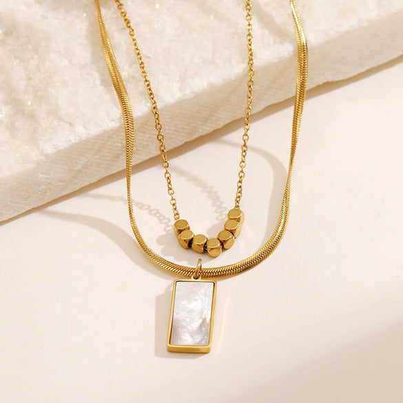 Wholesale Women's Doublelayered Rectangular White Shell Stainless Steel And Titanium Steel Necklace With Geometric Design And 18K Gold Electroplating