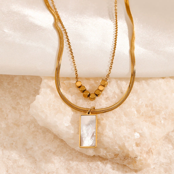 Wholesale Women's Doublelayered Rectangular White Shell Stainless Steel And Titanium Steel Necklace With Geometric Design And 18K Gold Electroplating