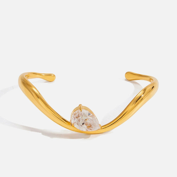 Wholesale Women's Drop Shaped Zircon Wave Open Bracelet Fashion Minimalist Electroplated Stainless Steel Jewelry