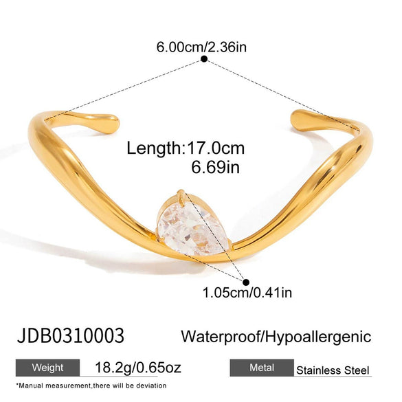 Wholesale Women's Drop Shaped Zircon Wave Open Bracelet Fashion Minimalist Electroplated Stainless Steel Jewelry