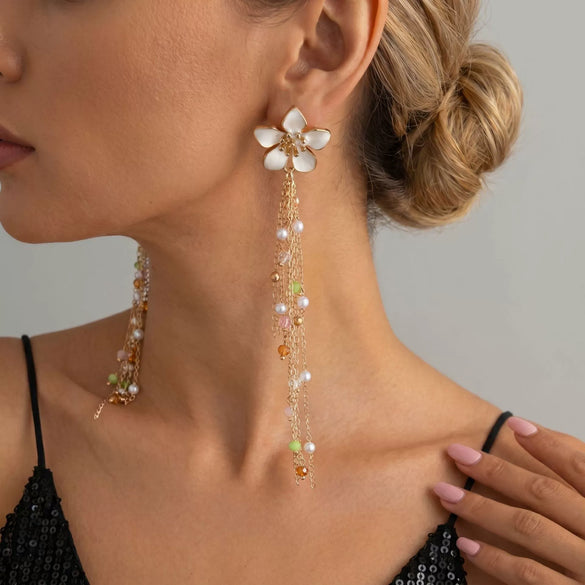 Wholesale Women's Electroplated Alloy Geometric Flower Tassel Earrings With Colorful Crystal Pendants