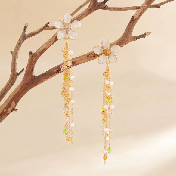 Wholesale Women's Electroplated Alloy Geometric Flower Tassel Earrings With Colorful Crystal Pendants