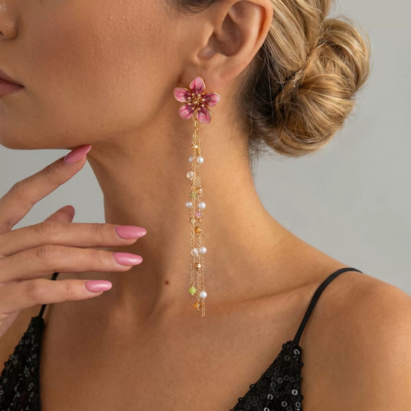 Wholesale Women's Electroplated Alloy Geometric Flower Tassel Earrings With Colorful Crystal Pendants