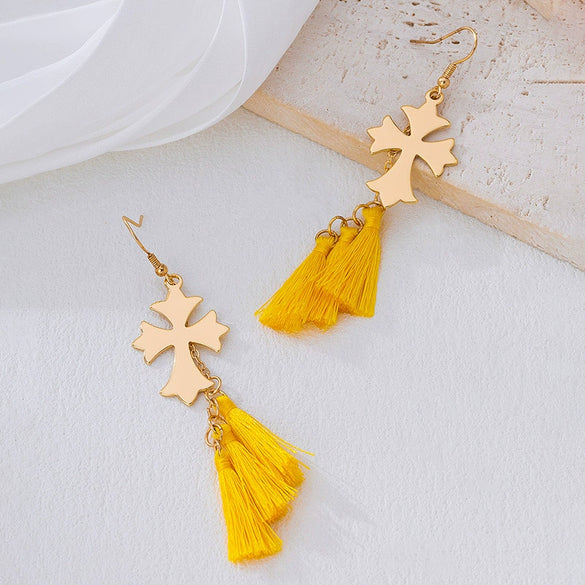 Wholesale Women's Electroplated Geometric Cross Shaped Long Tassel Fashion Earrings Made Of Alloy And Stainless Steel