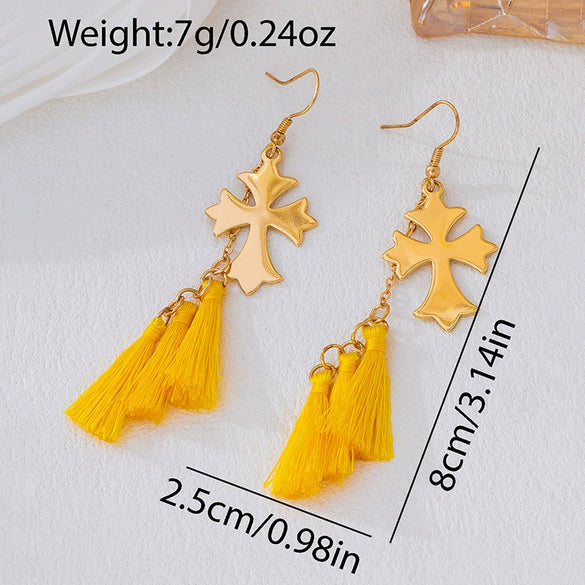 Wholesale Women's Electroplated Geometric Cross Shaped Long Tassel Fashion Earrings Made Of Alloy And Stainless Steel