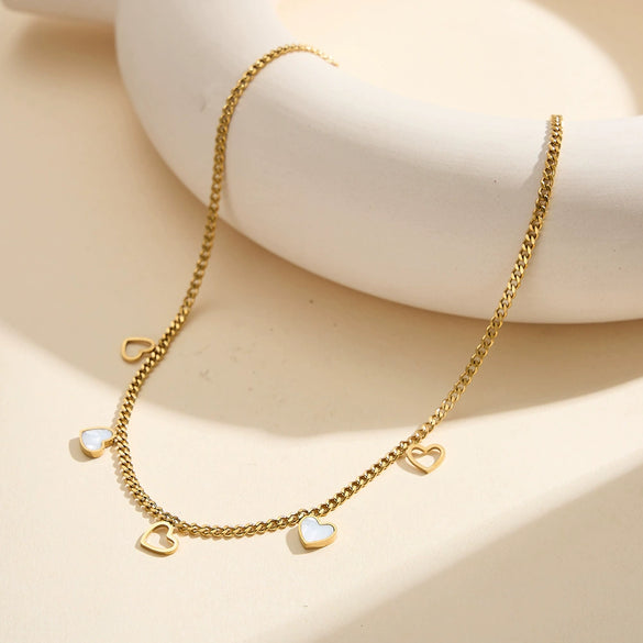 Wholesale Women's Electroplated Geometric Heartshaped Hollow Design Stainless Steel And Motherofpearl Pendant Necklace With Calendering Chain