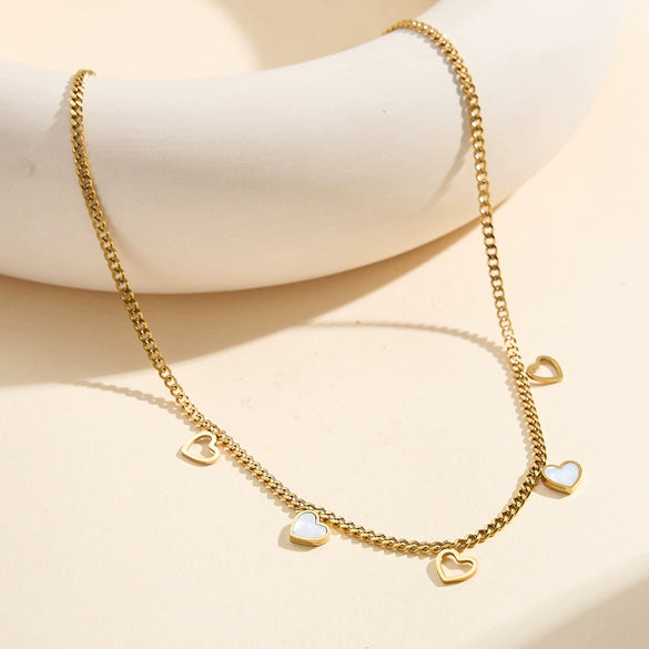 Wholesale Women's Electroplated Geometric Heartshaped Hollow Design Stainless Steel And Motherofpearl Pendant Necklace With Calendering Chain