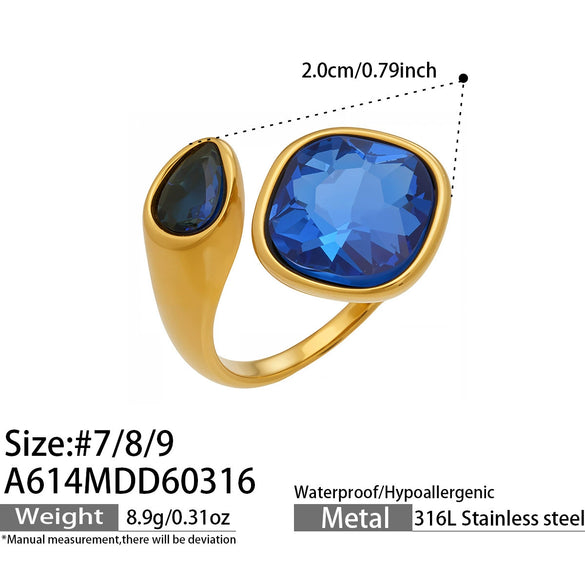 Wholesale Women's Electroplated Geometric Maillard Colored Glass Stone Stainless Steel Ring Set