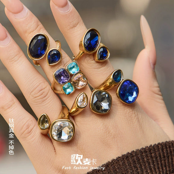Wholesale Women's Electroplated Geometric Maillard Colored Glass Stone Stainless Steel Ring Set