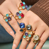 Wholesale Women's Electroplated Geometric Maillard Colored Glass Stone Stainless Steel Ring Set
