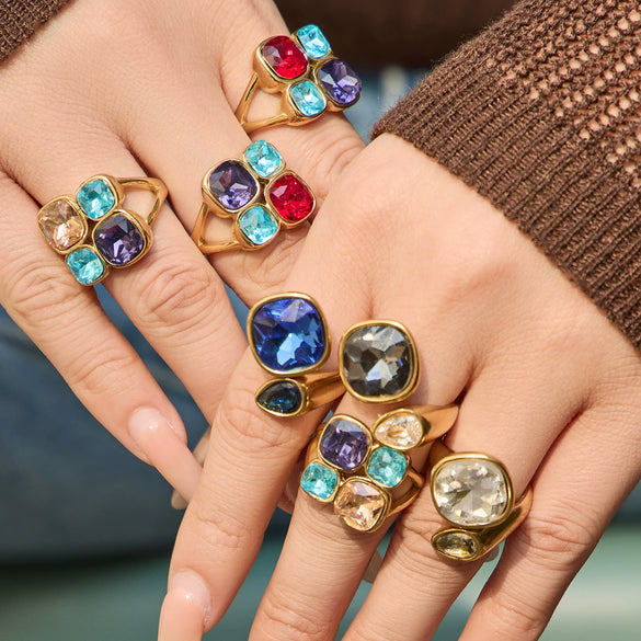 Wholesale Women's Electroplated Geometric Maillard Colored Glass Stone Stainless Steel Ring Set