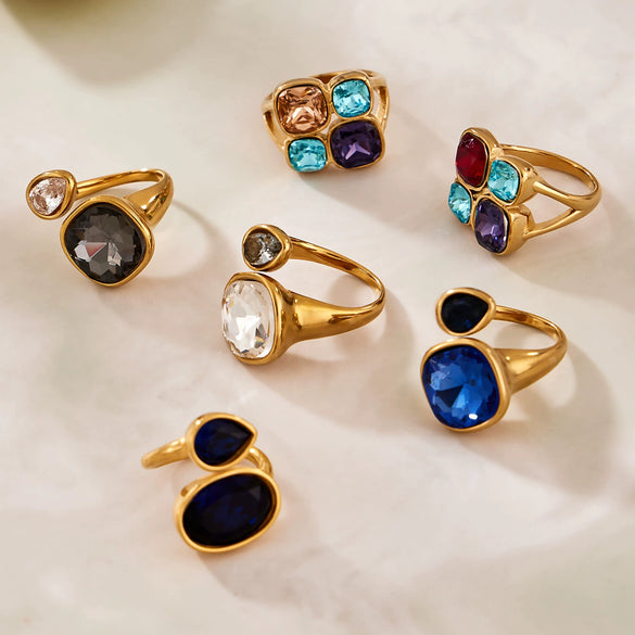 Wholesale Women's Electroplated Geometric Maillard Colored Glass Stone Stainless Steel Ring Set