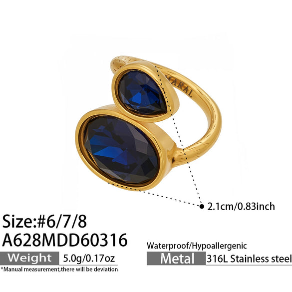 Wholesale Women's Electroplated Geometric Maillard Colored Glass Stone Stainless Steel Ring Set