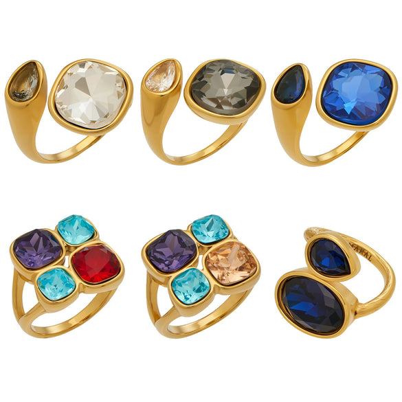 Wholesale Women's Electroplated Geometric Maillard Colored Glass Stone Stainless Steel Ring Set