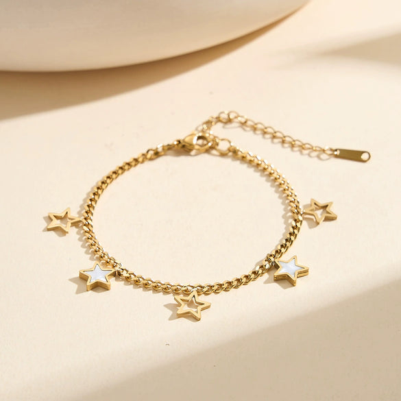 Wholesale Women's Electroplated Geometric Stainless Steel Bracelet With Hollow Five Pointed Star And White Shell Pendant