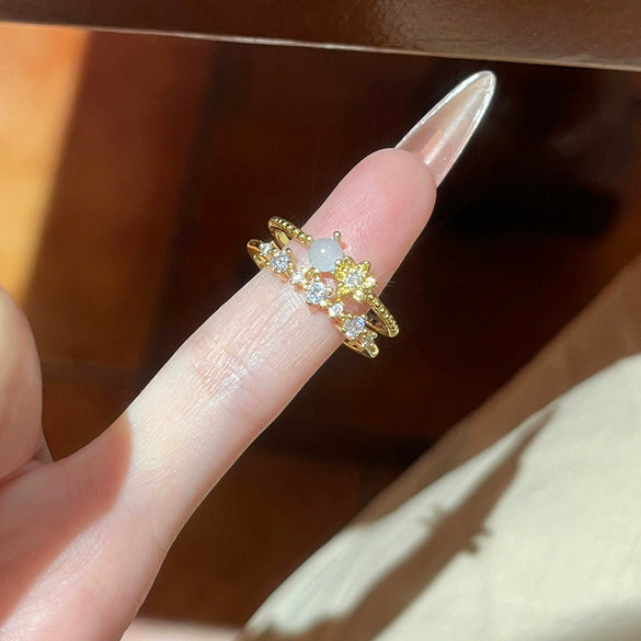 Wholesale Women's Electroplated Gold Inlaid With Zircon Cat's Eye Stone Copper Ring With Heart Geometric Animal Zodiac Patterns And Plants And Flowers Style
