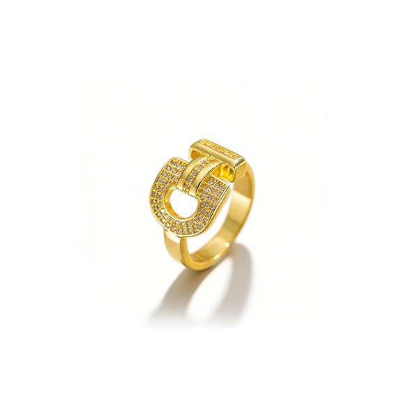 Wholesale Women's Electroplated Gold Inlaid Zircon Copper Id Letter Horseshoe Adjustable Open Ring Jewelry