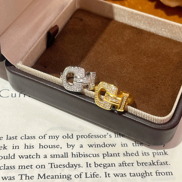 Wholesale Women's Electroplated Gold Inlaid Zircon Copper Id Letter Horseshoe Adjustable Open Ring Jewelry