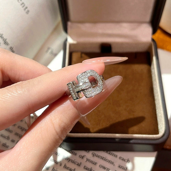 Wholesale Women's Electroplated Gold Inlaid Zircon Copper Id Letter Horseshoe Adjustable Open Ring Jewelry