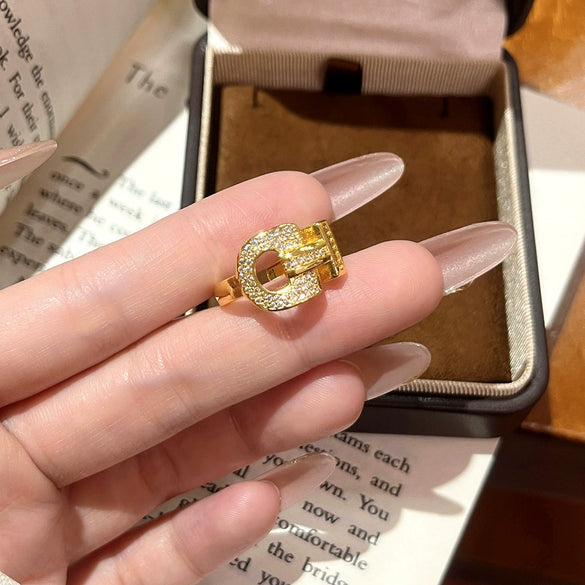 Wholesale Women's Electroplated Gold Inlaid Zircon Copper Id Letter Horseshoe Adjustable Open Ring Jewelry