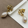 Wholesale Women's Electroplated 18K Gold Geometric Copper Pearl Cross Double T Eardrop Earrings With Natural Freshwater Beads