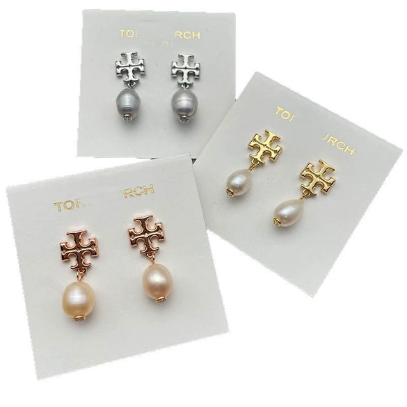 Wholesale Women's Electroplated 18K Gold Geometric Copper Pearl Cross Double T Eardrop Earrings With Natural Freshwater Beads