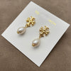 Wholesale Women's Electroplated 18K Gold Geometric Copper Pearl Cross Double T Eardrop Earrings With Natural Freshwater Beads