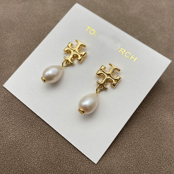 Wholesale Women's Electroplated 18K Gold Geometric Copper Pearl Cross Double T Eardrop Earrings With Natural Freshwater Beads