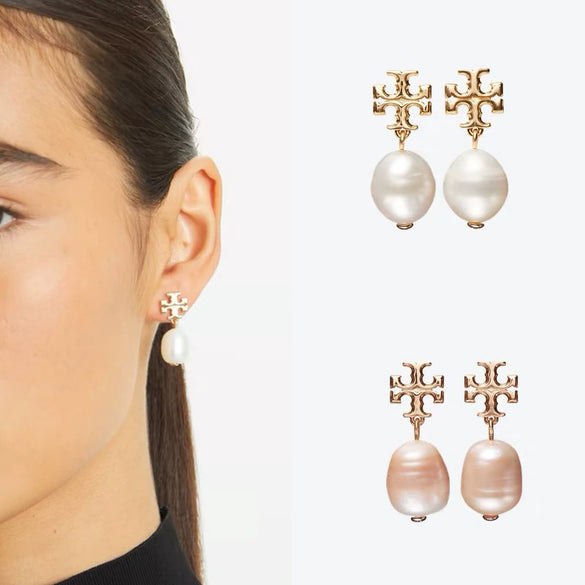Wholesale Women's Electroplated 18K Gold Geometric Copper Pearl Cross Double T Eardrop Earrings With Natural Freshwater Beads