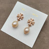 Wholesale Women's Electroplated 18K Gold Geometric Copper Pearl Cross Double T Eardrop Earrings With Natural Freshwater Beads