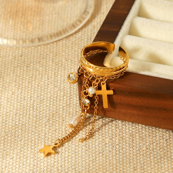 Wholesale Women's Electroplated Stainless Steel Geometric Star Cross Open Ring And Tassel Bracelet