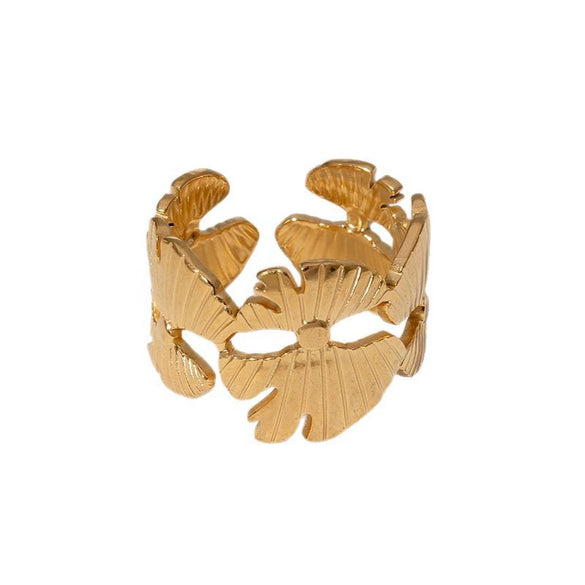 Wholesale Women's Electroplated Stainless Steel Leaf Pattern Open Ring With Ins Style