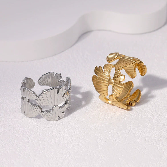 Wholesale Women's Electroplated Stainless Steel Leaf Pattern Open Ring With Ins Style