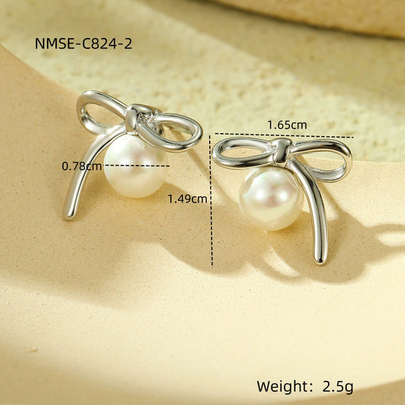 Wholesale Women's Elegant Bow Pearl Titanium Steel Electroplated Earrings Fashion Simple No Fading