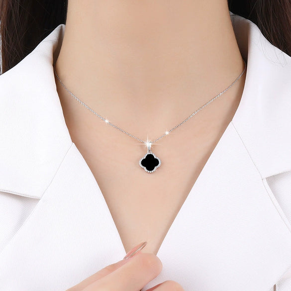 Wholesale Women's Elegant Clover Necklace With Black Agate Pendant Made Of S925 Sterling Silver Electroplated Cross Chain