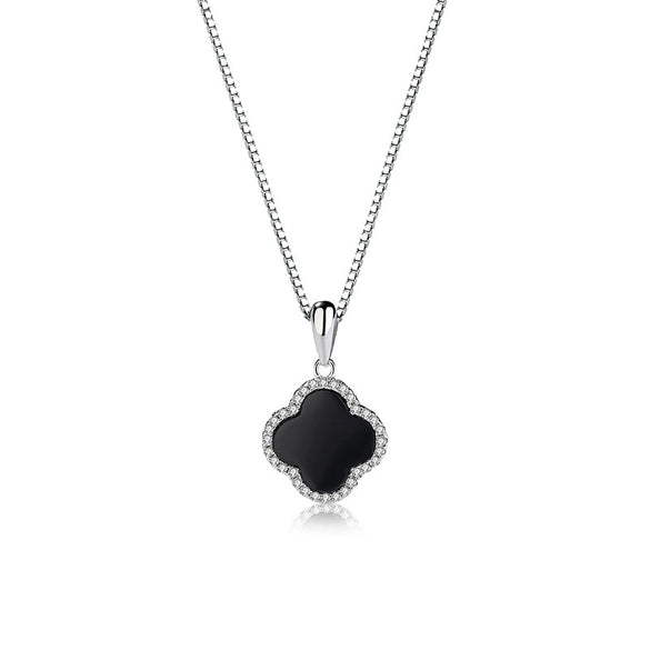 Wholesale Women's Elegant Clover Necklace With Black Agate Pendant Made Of S925 Sterling Silver Electroplated Cross Chain