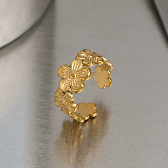 Wholesale Women's Elegant Floral Stainless Steel Vacuum Real Gold Plated Open Ring