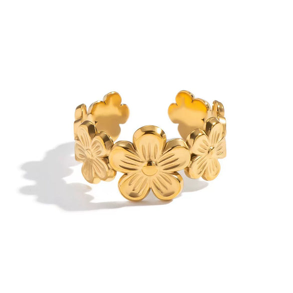 Wholesale Women's Elegant Floral Stainless Steel Vacuum Real Gold Plated Open Ring