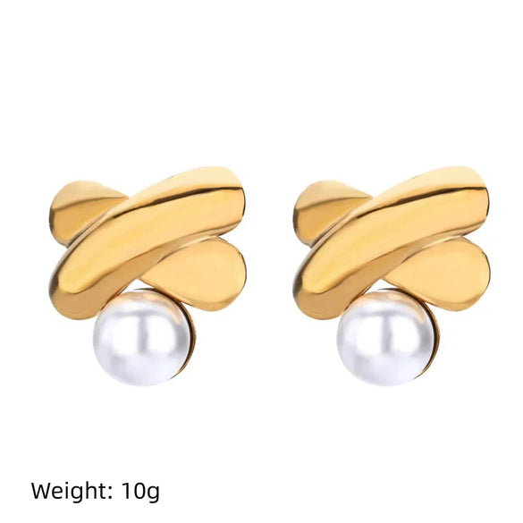 Wholesale Women's Elegant French Imitation Pearl Stainless Steel Earrings With Round Beads Square Love Bow Tie Design And Electroplating Treatment