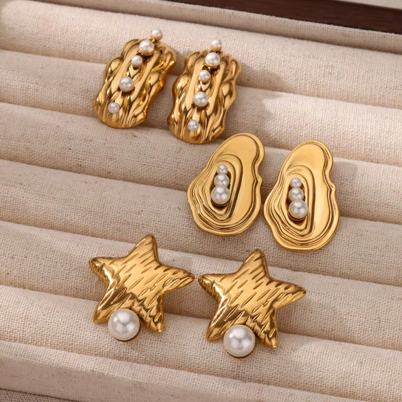 Wholesale Women's Elegant French Imitation Pearl Stainless Steel Earrings With Round Beads Square Love Bow Tie Design And Electroplating Treatment