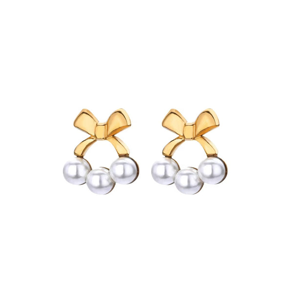 Wholesale Women's Elegant French Imitation Pearl Stainless Steel Earrings With Round Beads Square Love Bow Tie Design And Electroplating Treatment