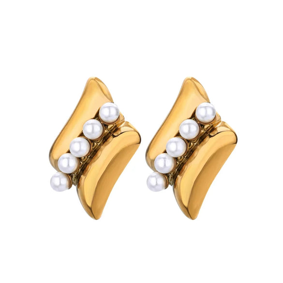 Wholesale Women's Elegant French Imitation Pearl Stainless Steel Earrings With Round Beads Square Love Bow Tie Design And Electroplating Treatment